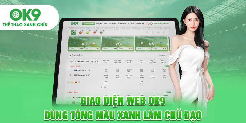 Giao diện web OK9 dùng tông màu xanh làm chủ đạo